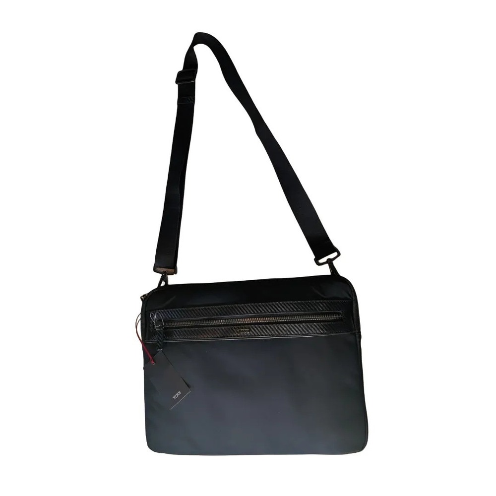 Tumi Mens Black Nylon Crossbody Messenger Bag Carbon Fiber Trim Zip NWT $395 - Picture 1 of 12